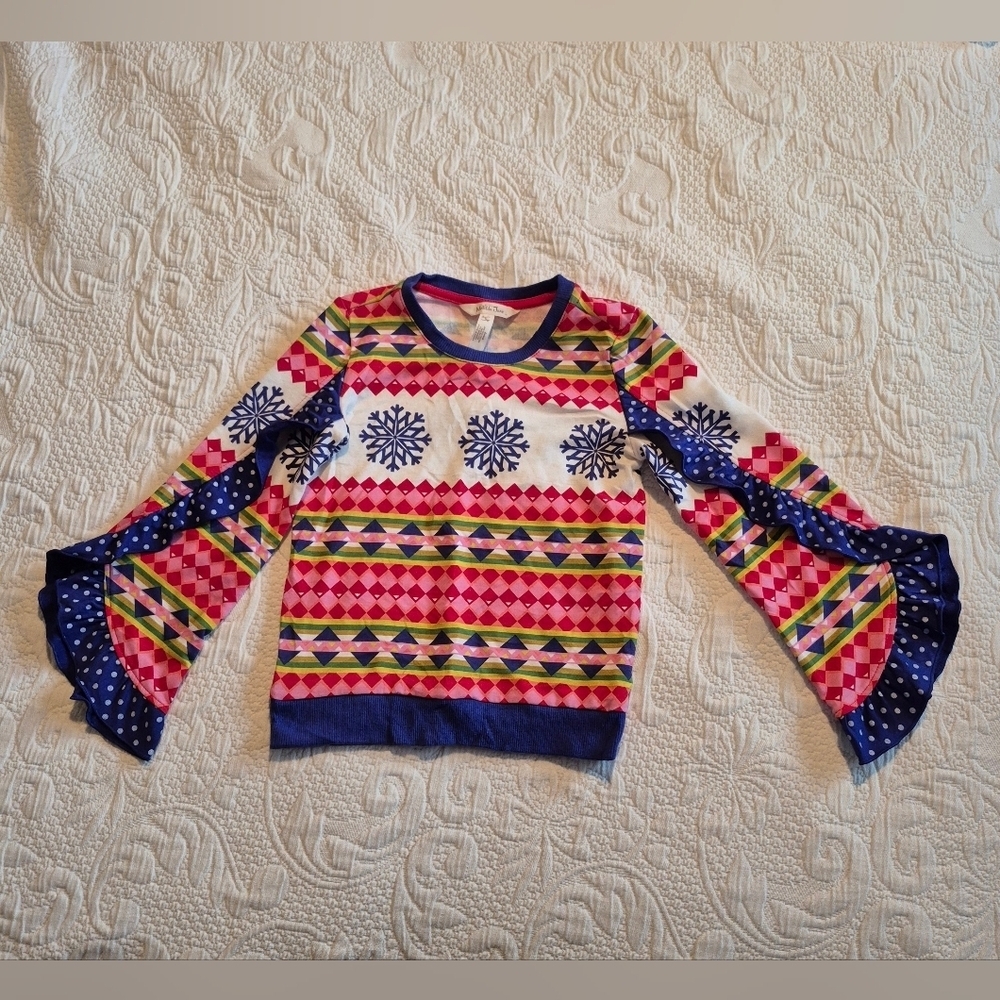 Matilda Jane girls size long sleeve ruffle shirt, bright colors EUC